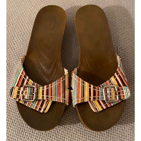 Dr.Scholls 8M Colorful  Striped Slip On Faux Wood Sandals - Picture 1 of 10